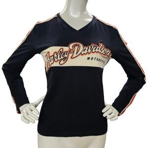 Harley Davidson Shirt Womens Size Small Spell Out Y2K Black Orange Long Sleeves